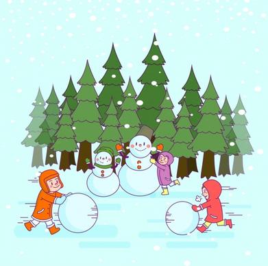 winter drawing playful kid outdoor snowman colored cartoon