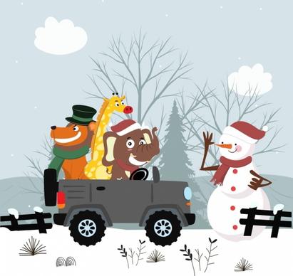 winter drawing snowman animals car icons stylized cartoon