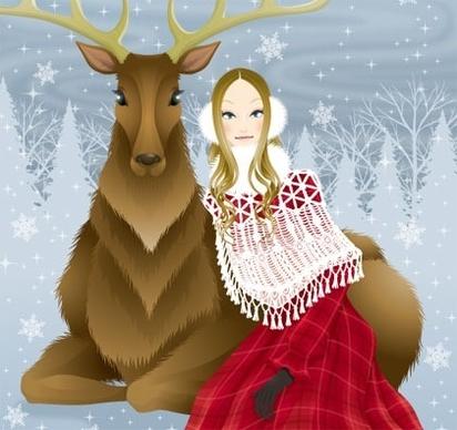 colorful winter background lady and reindeer decoration