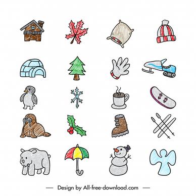 winter holiday icons sets flat handdrawn symbols sketch