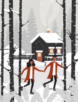 winter landscape painting snowfall couple cottage icons