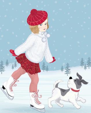 winter little girl and cute dog design vector