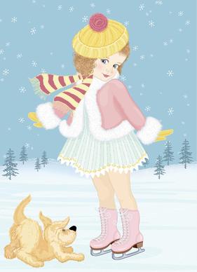 winter little girl and cute dog design vector