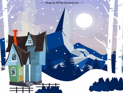 winter mountain scenery painting snowy house sketch