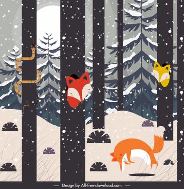 winter nature painting forest animals sketch cartoon design