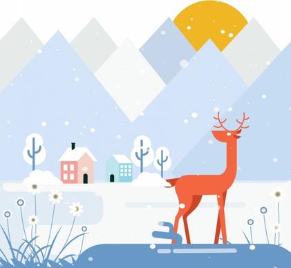 winter painting mountain snow reindeer icons flat design