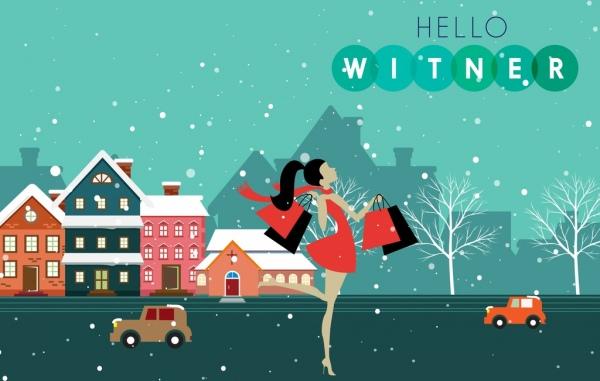 winter sale banner shopping lady icon town scape