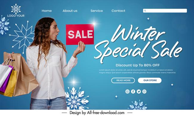  winter sale landing page template dynamic lady snowflakes sketch 