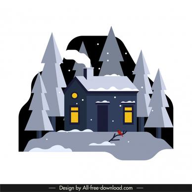 winter scene background house snow tree sketch