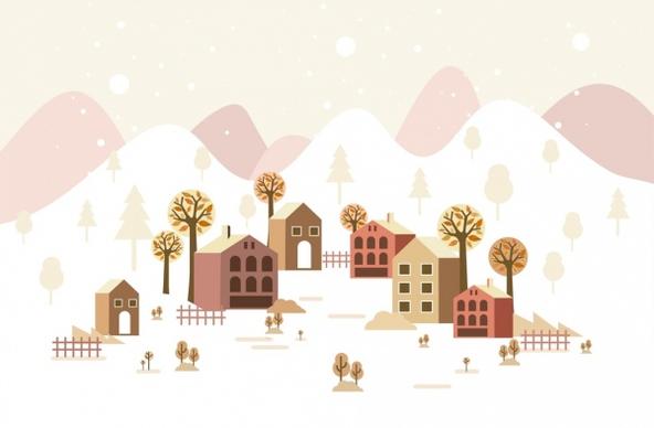 winter scene background houses tress white snow icons