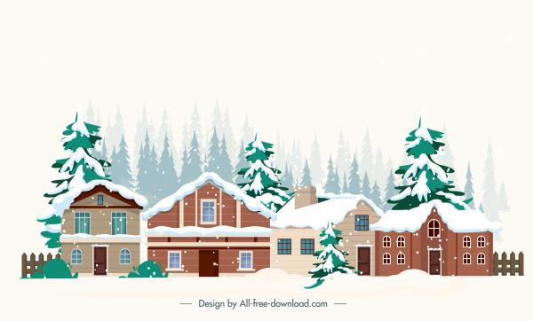 winter scene painting houses snow sketch