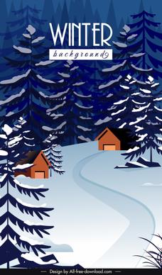 winter scenery background fir trees cottages sketch