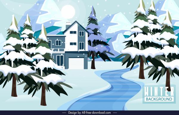 winter scenery background snowy trees houses sketch