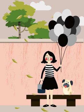 woman drawing puppy balloon decoration colored cartoon design