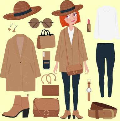 woman fashion accessories icons colored cartoon design
