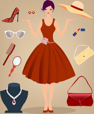 woman fashion accessory design elements multicolored icons