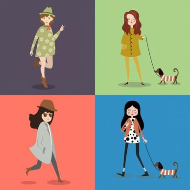 woman fashion icons collection colored cartoon design