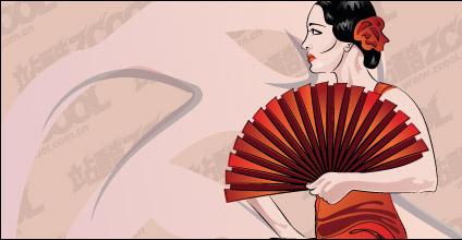 Woman holding folding fan Vector material