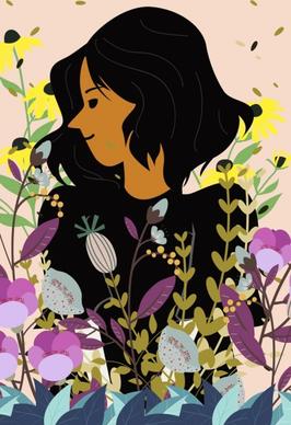 woman portrait drawing colorful flowers decoration cartoon design
