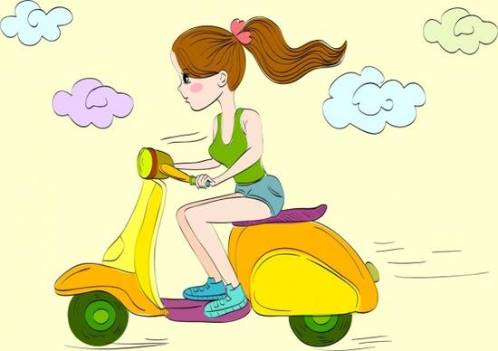 woman riding scooter drawing colored cartoon design