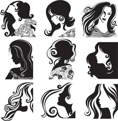 woman hairstyle icons black white classical sketch