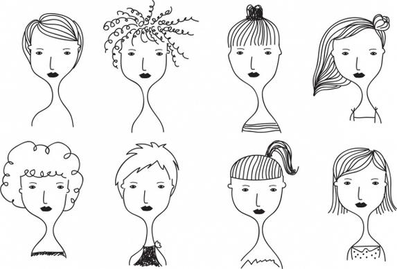 women hairstyle templates black white handdrawn sketch