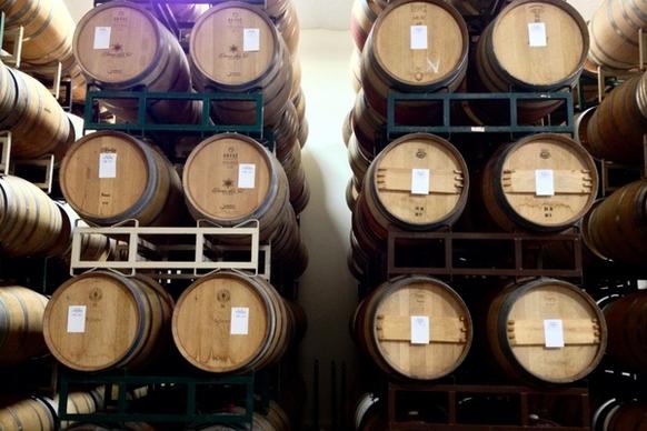 wood wine barrel stacked