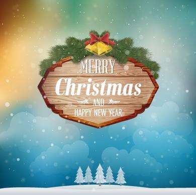 wooden christmas label and winter background vector