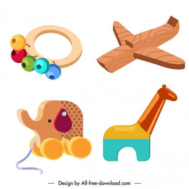 wooden toys icons cute colorful 3d sketch