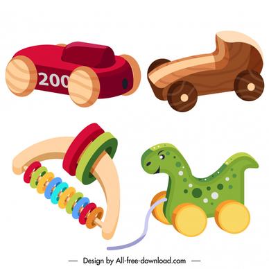wooden toys icons modern colorful 3d sketch