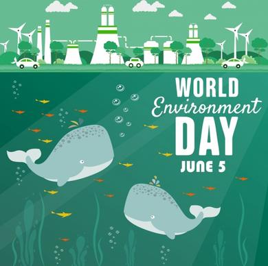 world day banner whales plant icons