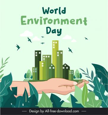 world environment day advertising banner holding hand city scene birds leaves decor