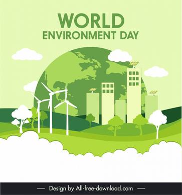 world environment day poster template earth windfarm trees buildings clouds sketch flat design