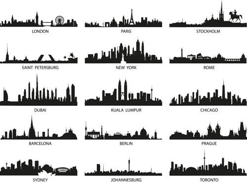 world famous cities silhouettes vector set