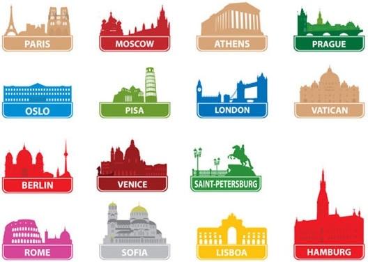 city labels templates colorful architecture symbols silhouette decor