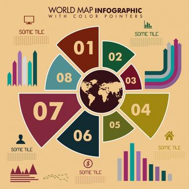 world map infographic template charts icons ornament