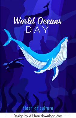 world ocean day banner whale turtle sketch
