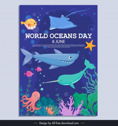 world oceans day banner template cute sea animals cartoon