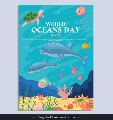 world oceans day celebration poster template cute cartoon species