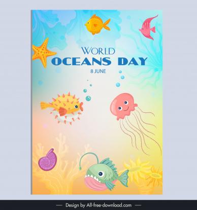 world oceans day celebration poster template cute dynamic cartoon