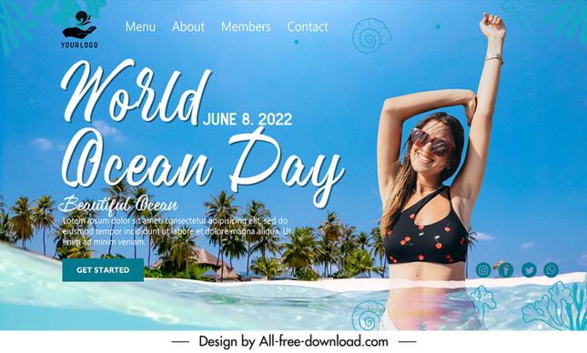 world oceans day landing page template attractive bikini lady sketch dynamic realistic design 