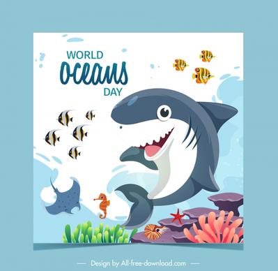 world oceans day poster baby shark marine species sketch cute cartoon design 