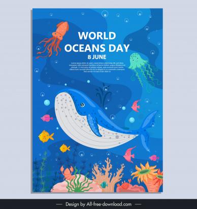 world oceans day poster template dynamic cartoon sea animals