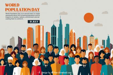 world population day poster template flat city people cartoon