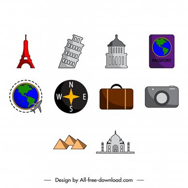 world travel icon sets flat tourism elements symbols sketch