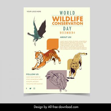 world wildlife conservation day leaflet template retro dynamic eagle tiger lion wolf sketch 