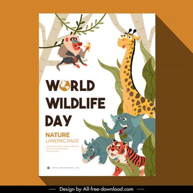 world wildlife day poster template cute cartoon baboon giraffe elephant rhino tiger sketch
