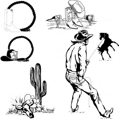 cowboy design elements black white classical icons