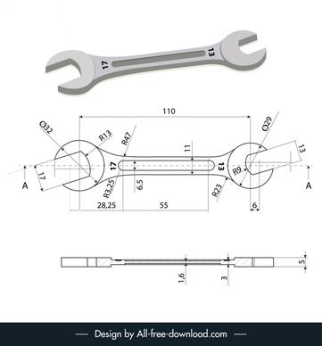 wrench auto cad template modern illustration sketch