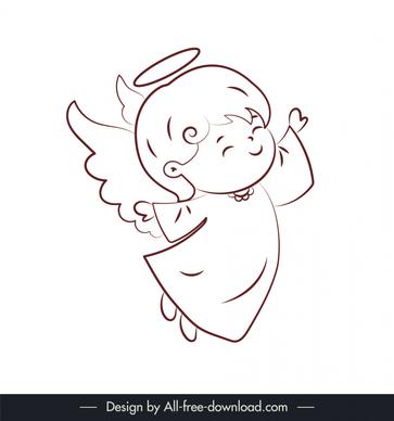 xmas angel icon cute winged baby outline dynamic flat black white handdrawn cartoon design 